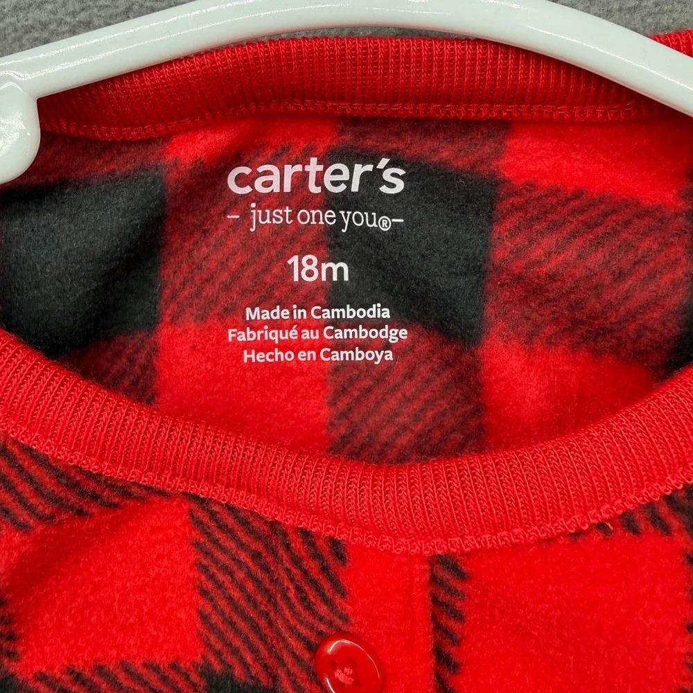 Carters Red Black Buffalo Plaid Fleece Dress 18m Long Sleeve Ruffled